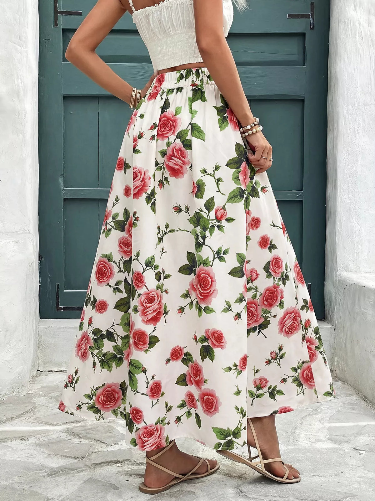 Trendsi Rose Print Flowy Maxi Skirt -