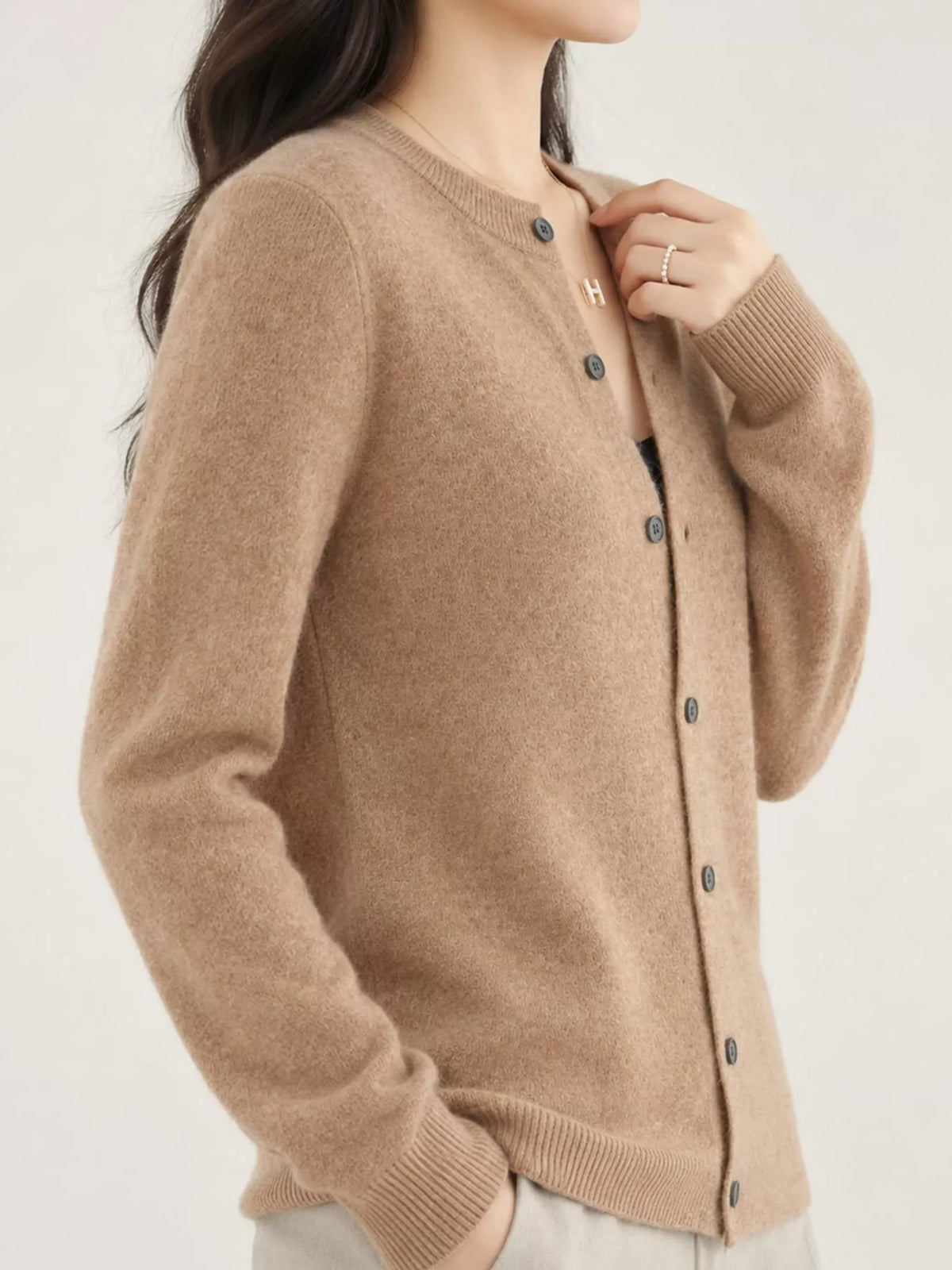 Camel crew neck button-front cardigan