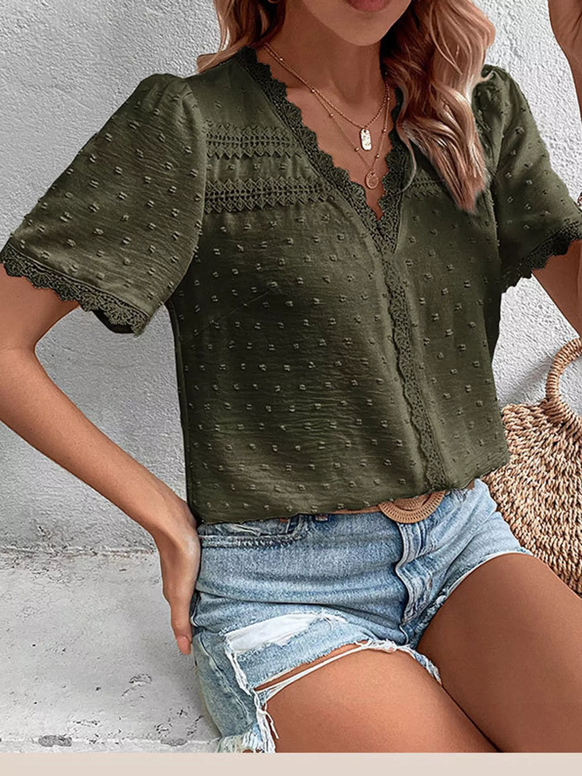 Army Green swiss dot v-neck blouse with lace trim