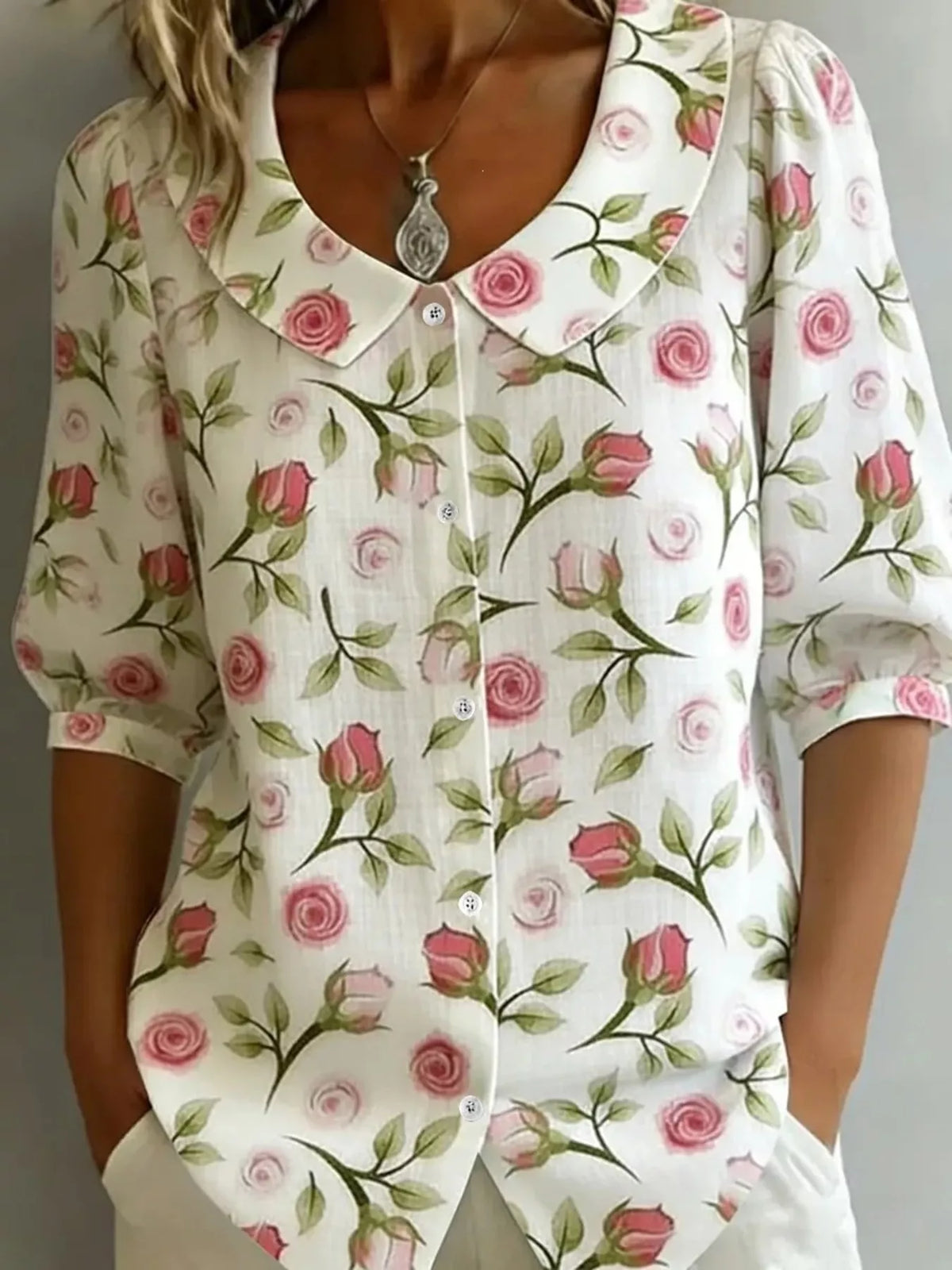 Floral daisy print peter pan collar button-down shirt