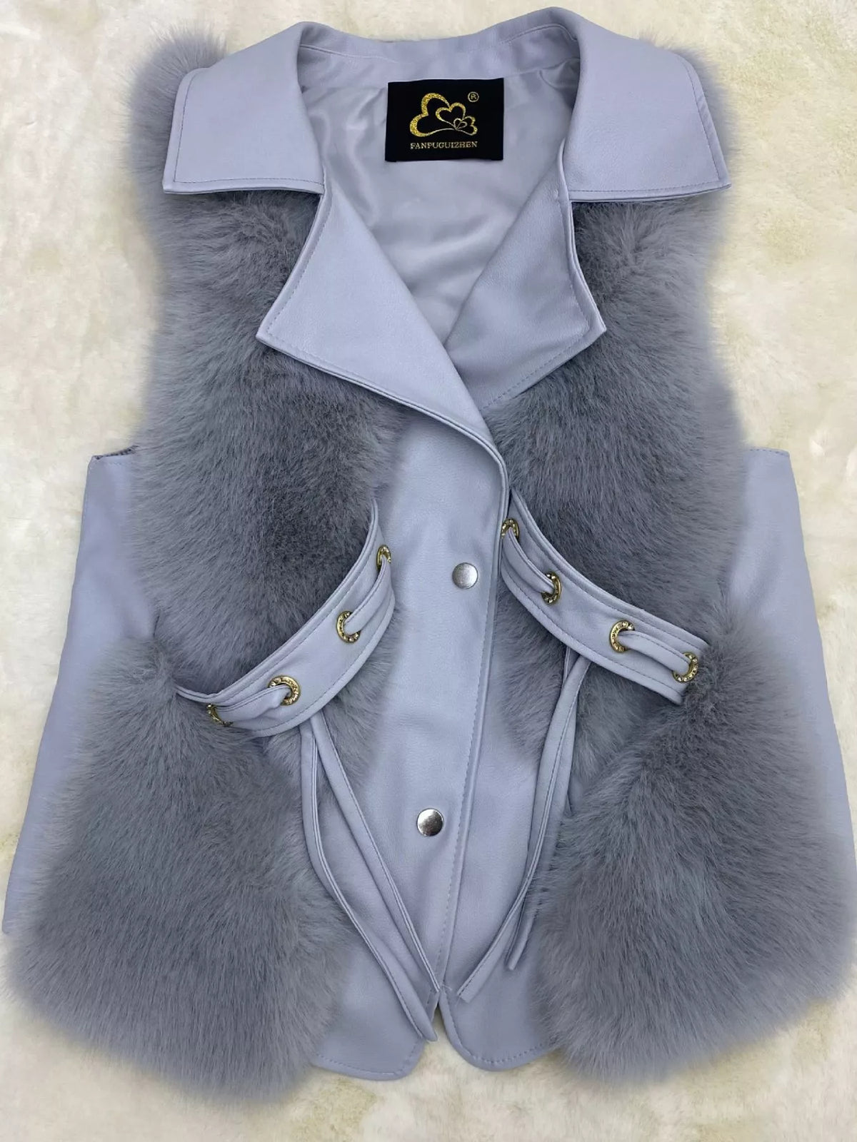Faux Fur Snap Down Vest Coat in gray