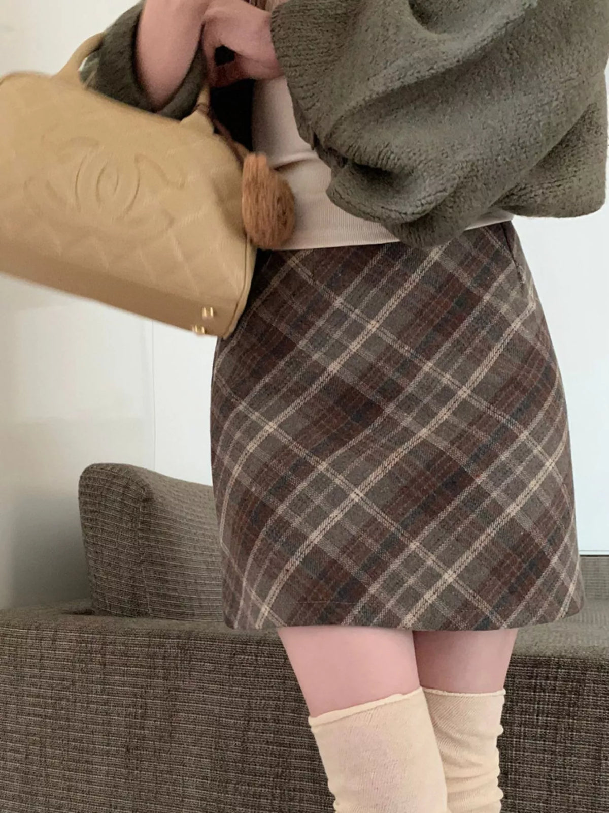 Coffee vintage plaid a-line mini skirt