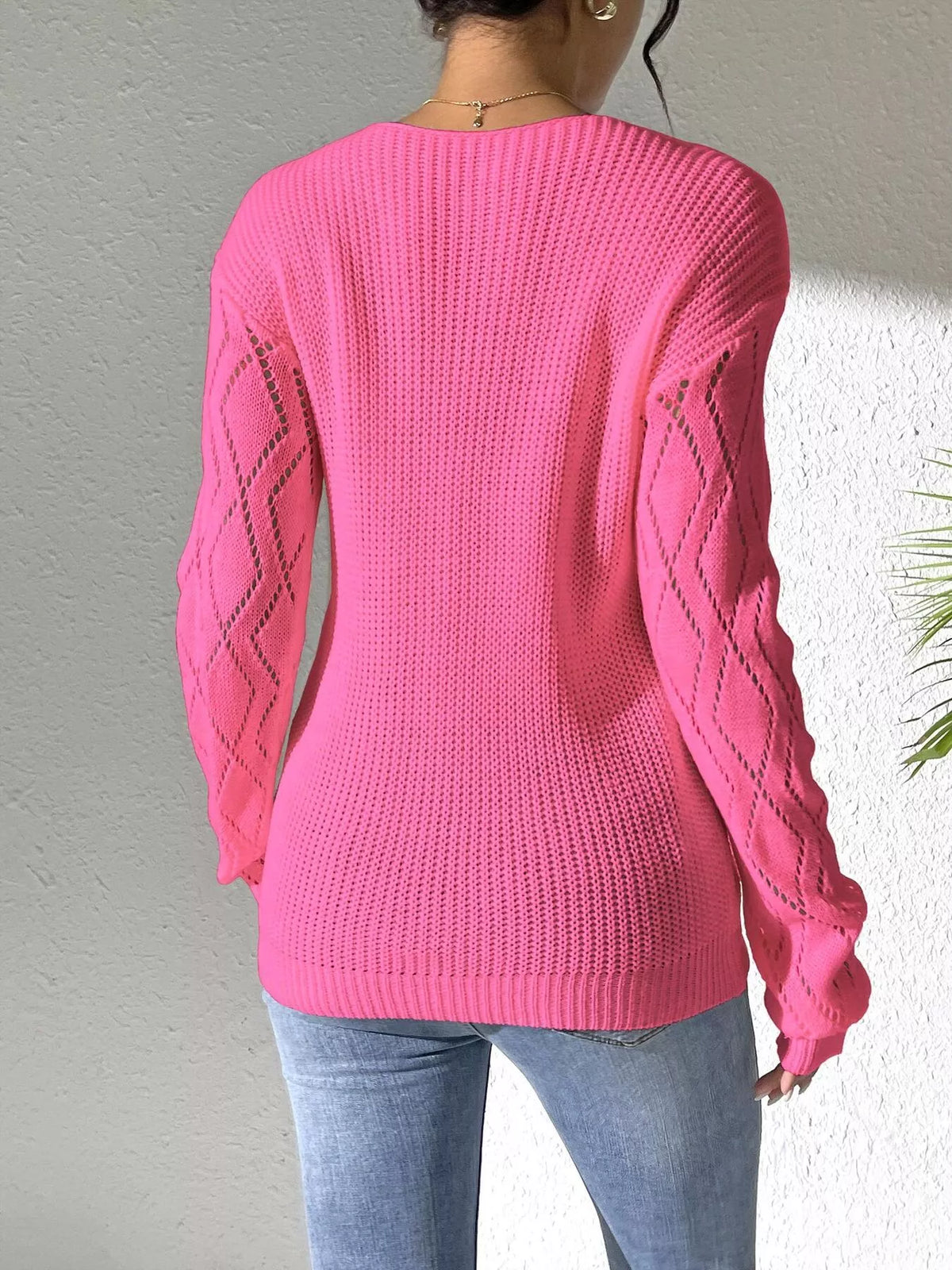 Rose Red Floral Applique V-Neck Openwork Sweater back view