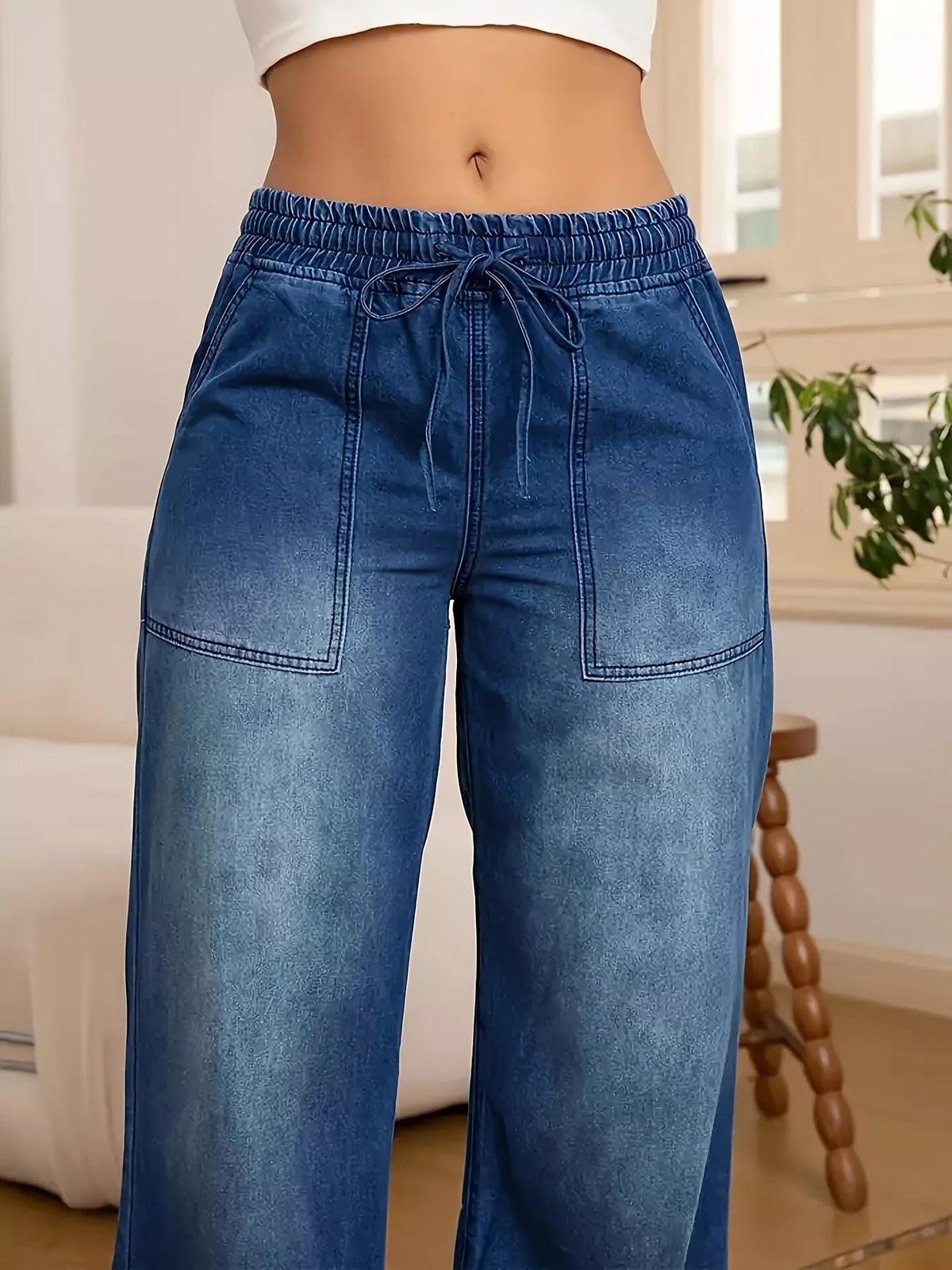 Drawstring Wide-Leg Jeans, detail view in dark blue