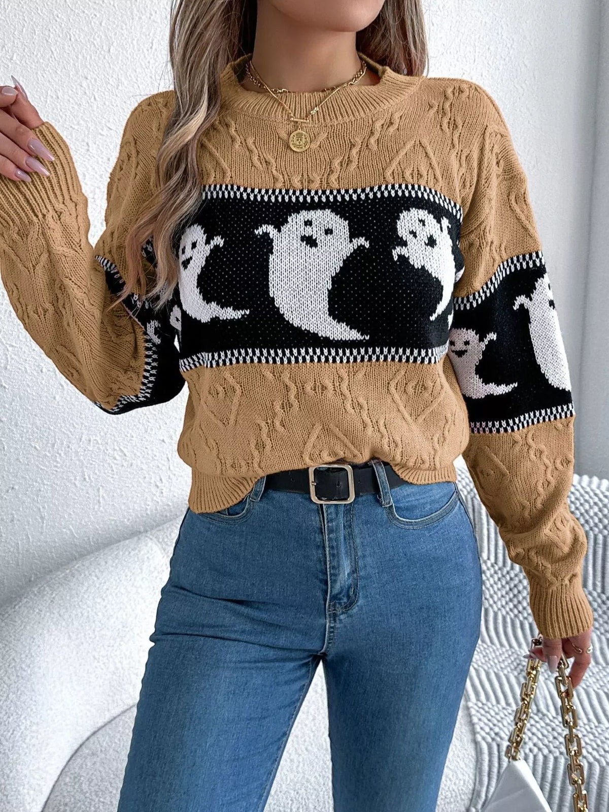 Halloween Ghost Pattern Textured Sweater in camel, front view
