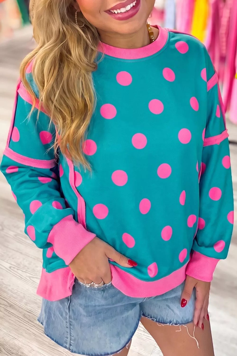 Trendsi Polka Dot Contrast Patchwork Round Neck Baggy Sweatshirt -