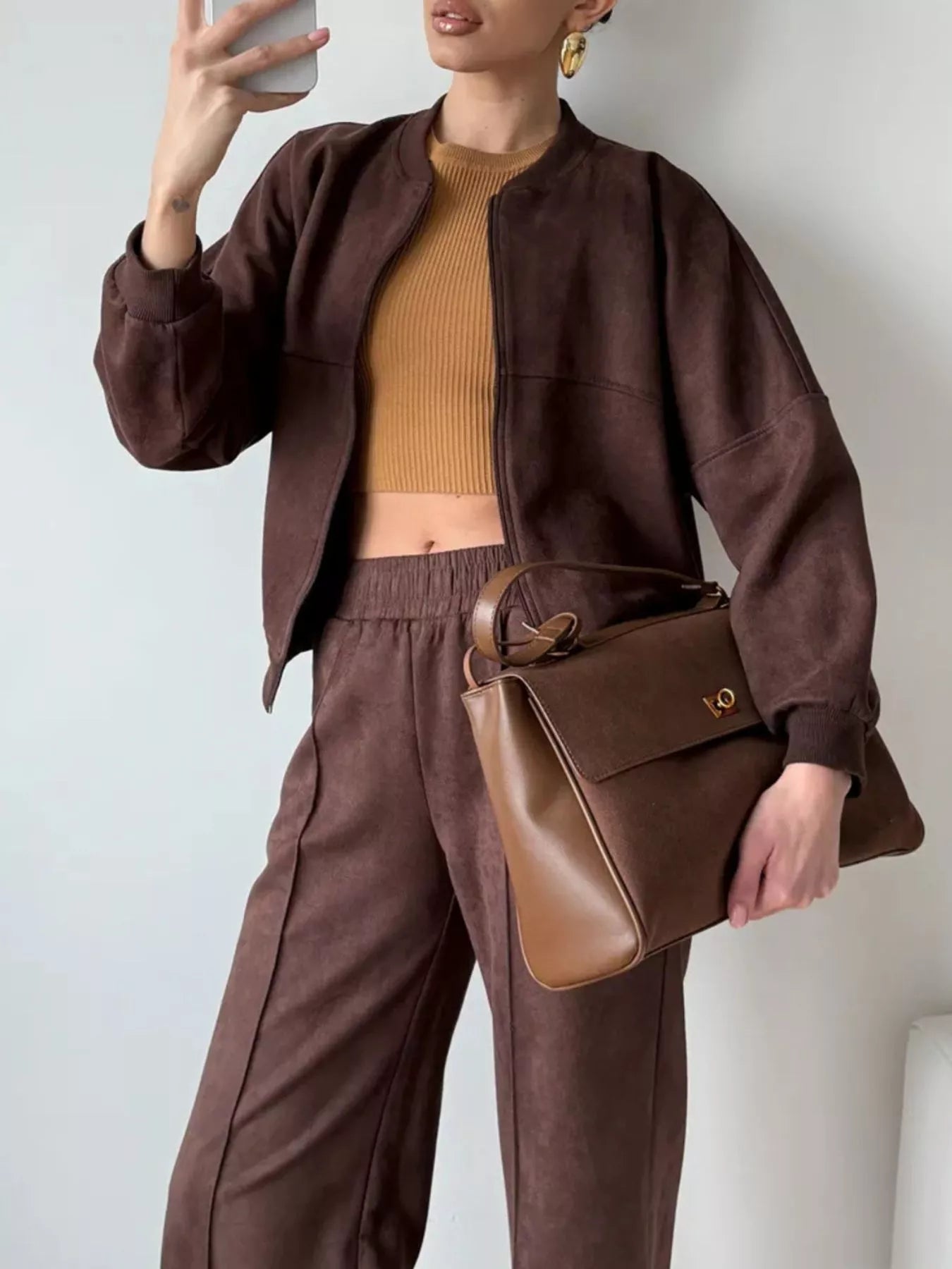 Trendsi Zip Up Sweatshirt and Wide-Leg Pants Set -