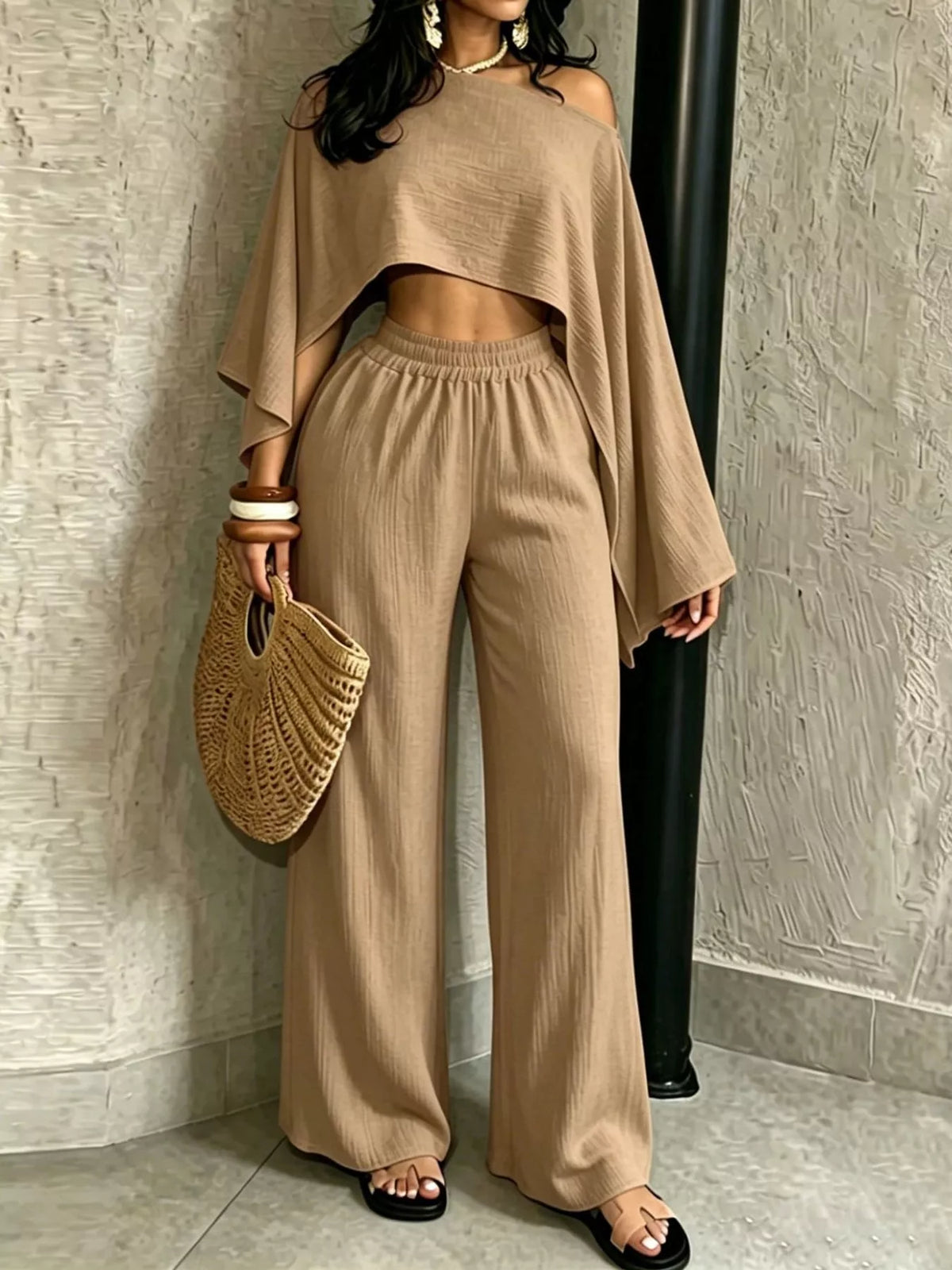 Women's Boat Neck Crop Top and Wide-Leg Pants Set in taupe — front view