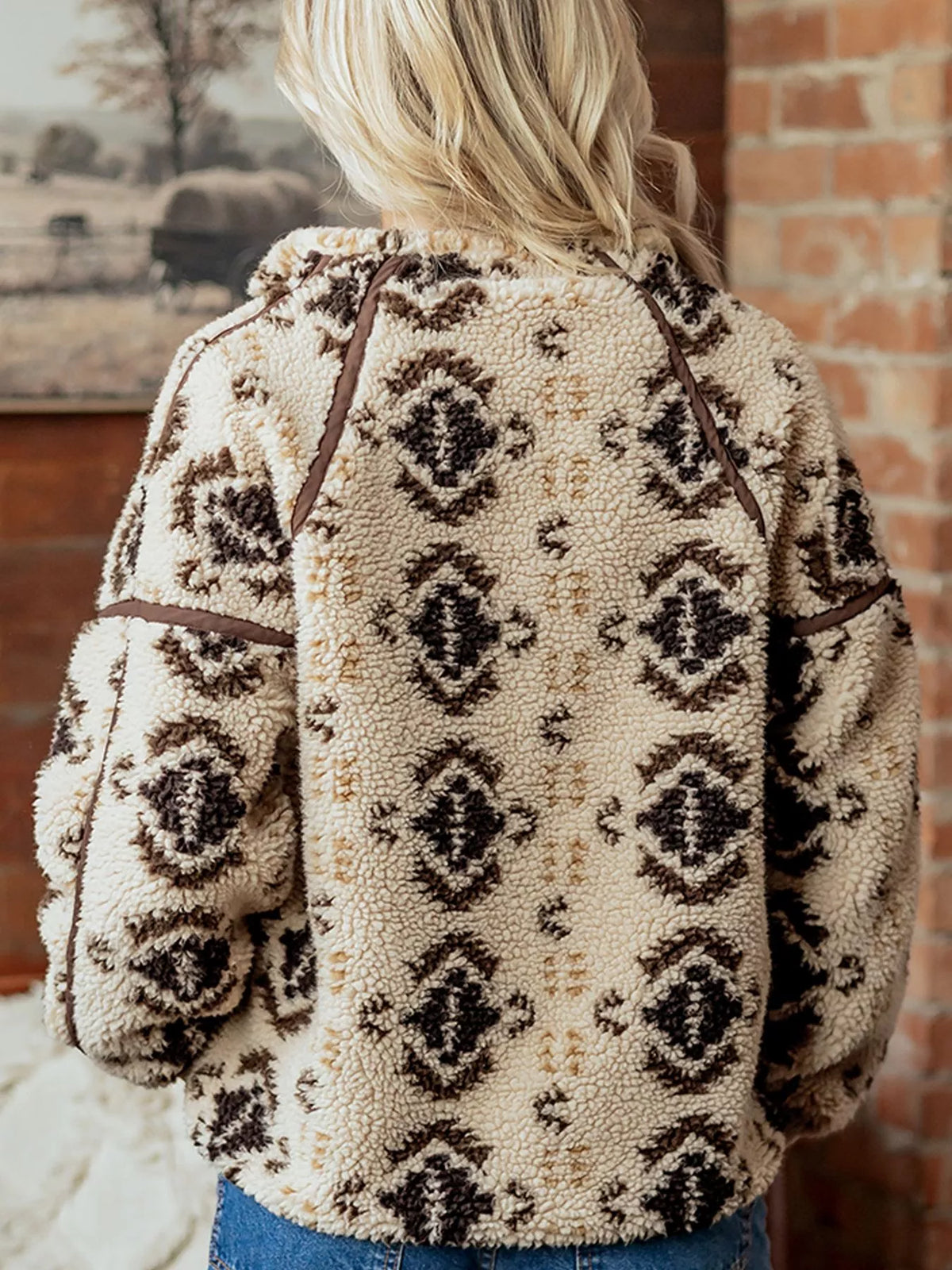 Aztec Print Quarter-Zip Sherpa Sweatshirt in khaki, back view