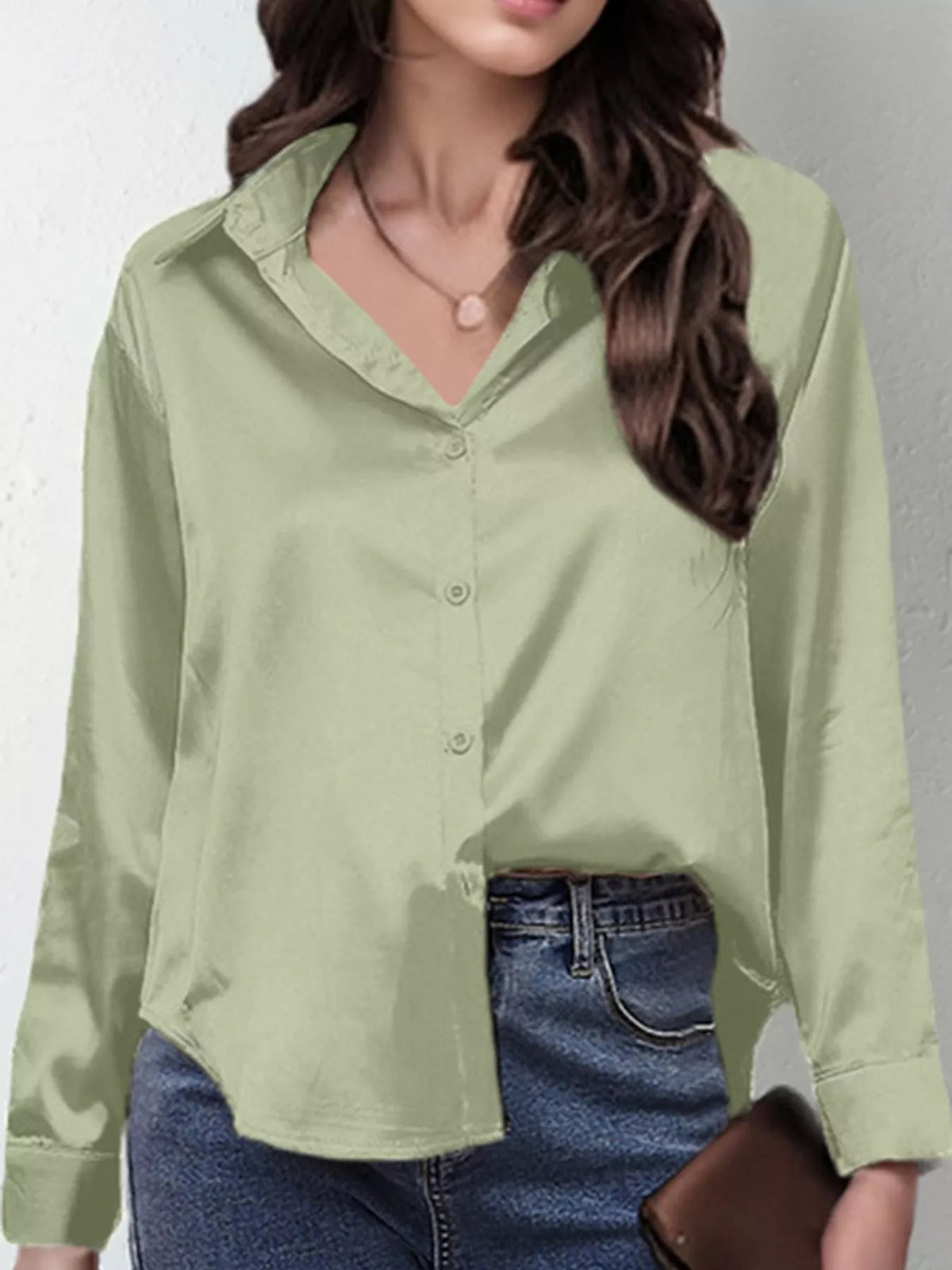 Light Green satin button-down long sleeve shirt