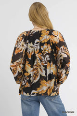Trendsi Umgee Autumn Leaf Print Balloon Sleeve Blouse -