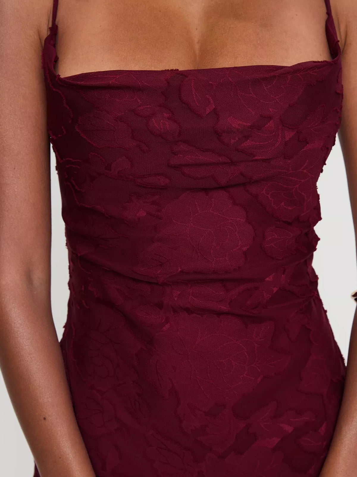Cowl neck spaghetti-strap maxi dress, construction and design details