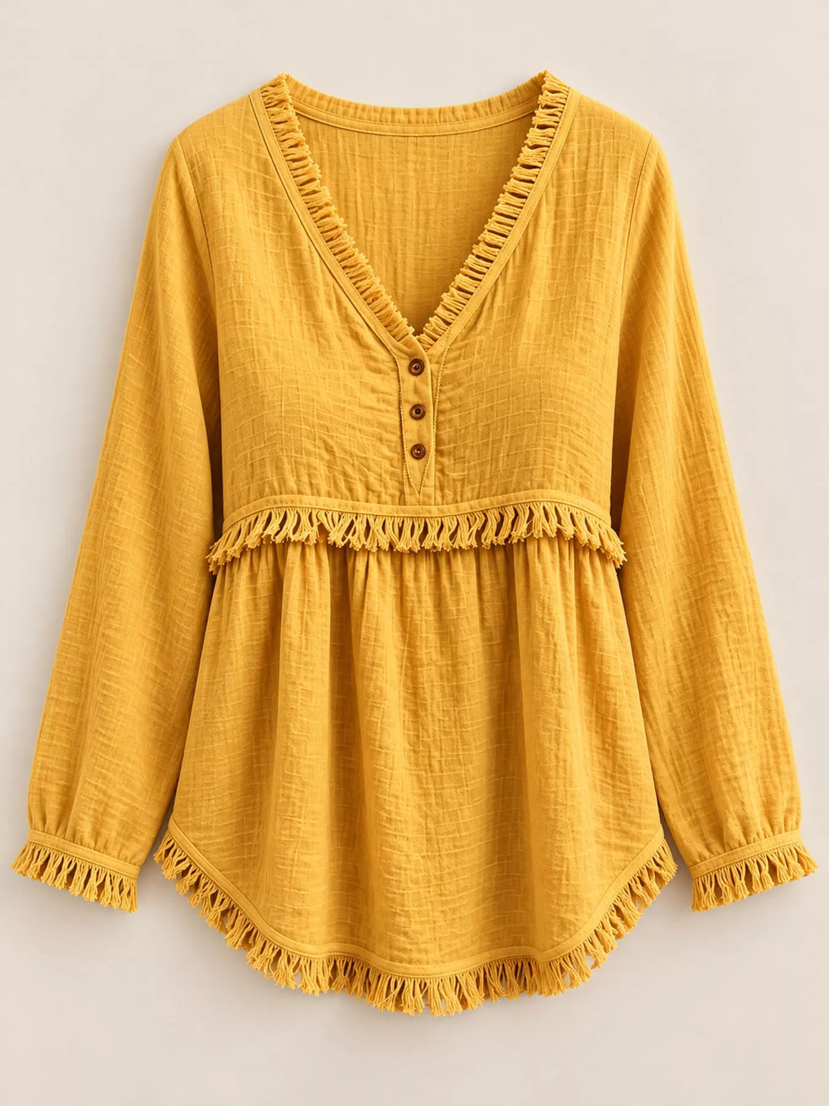 Fringe-trim blouse, mustard hanging front
