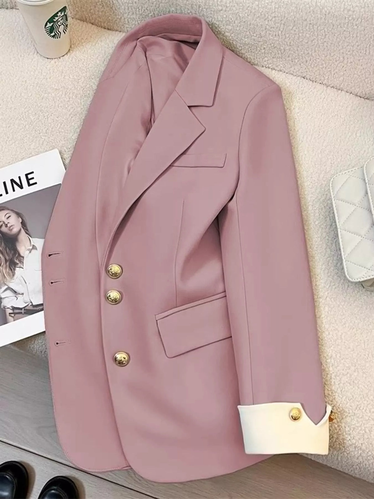 Pink single-breasted blazer with gold-tone buttons