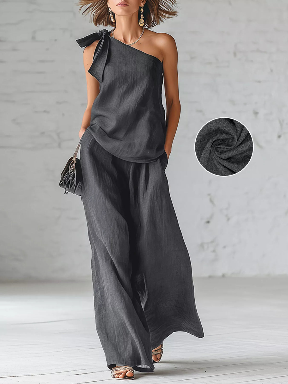 One-Shoulder Bow Top and Wide-Leg Pants Set in black, front view