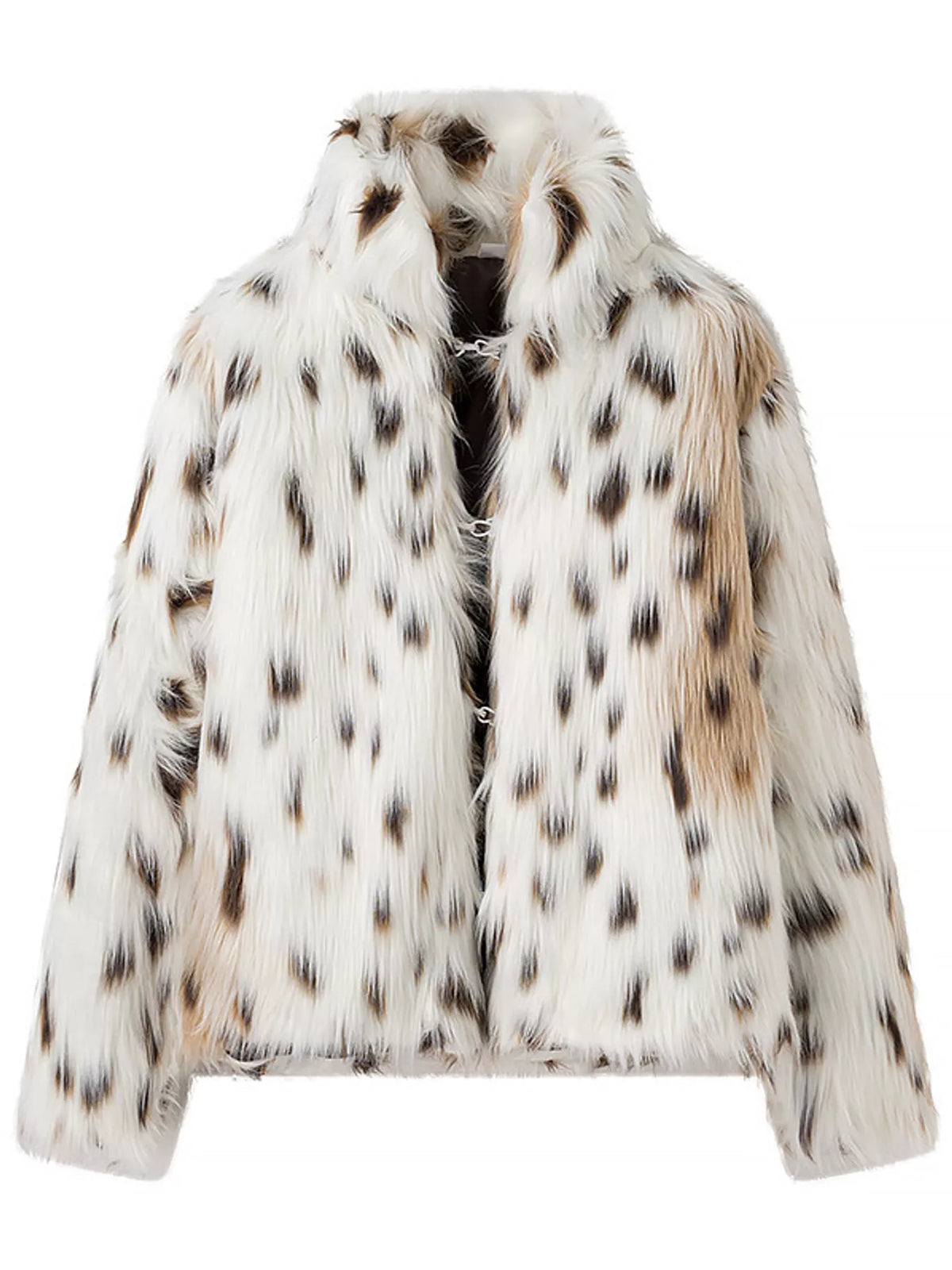 White and black leopard-print leopard faux fur turtleneck jacket