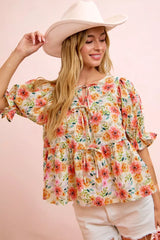 Trendsi BiBi Flower Printed Shirring Detail Blouse Top -