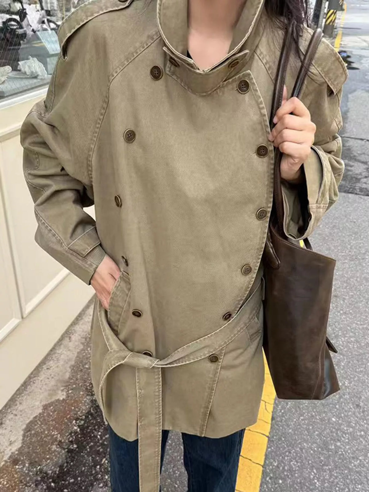 Khaki double-breasted belted cotton trench coat