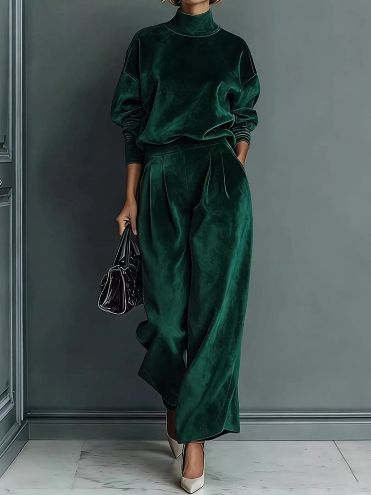 Green velvet mock neck top and wide-leg pants set