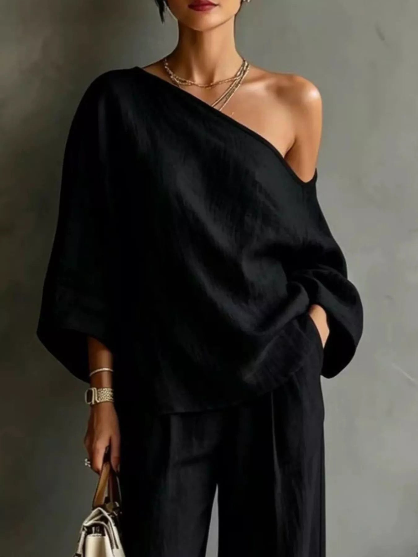 Trendsi One Shoulder Top and Wide Leg Pants Set -