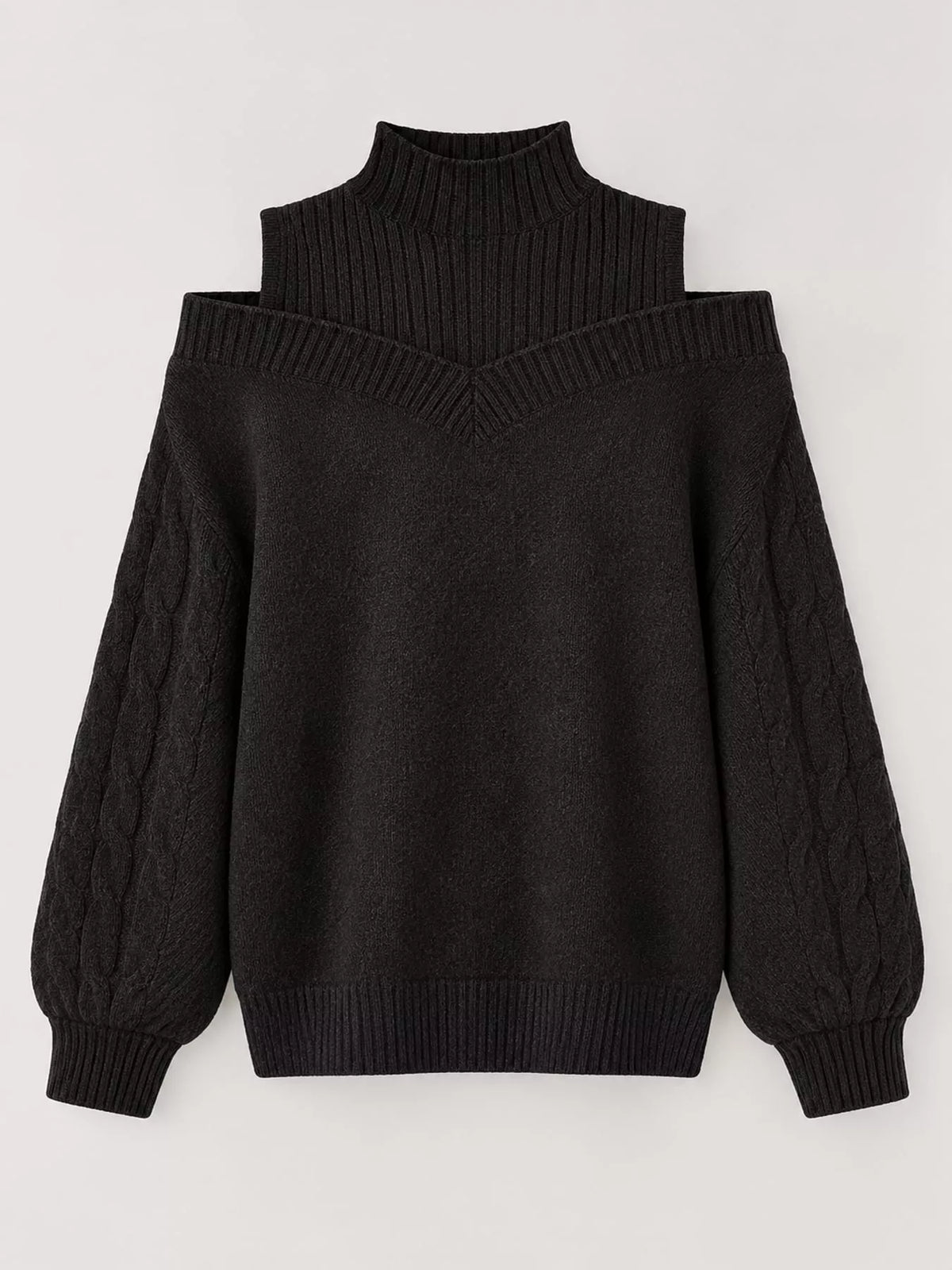Black cold shoulder mock neck cable knit sweater, front view