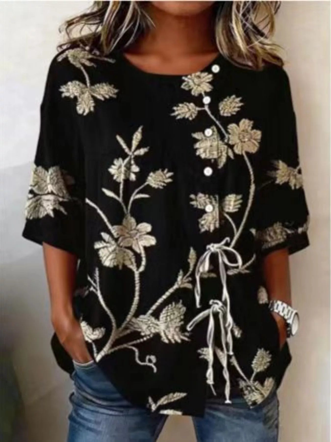 Trendsi Full Size Embroidered Floral Tie Front Shirt Plus Size -