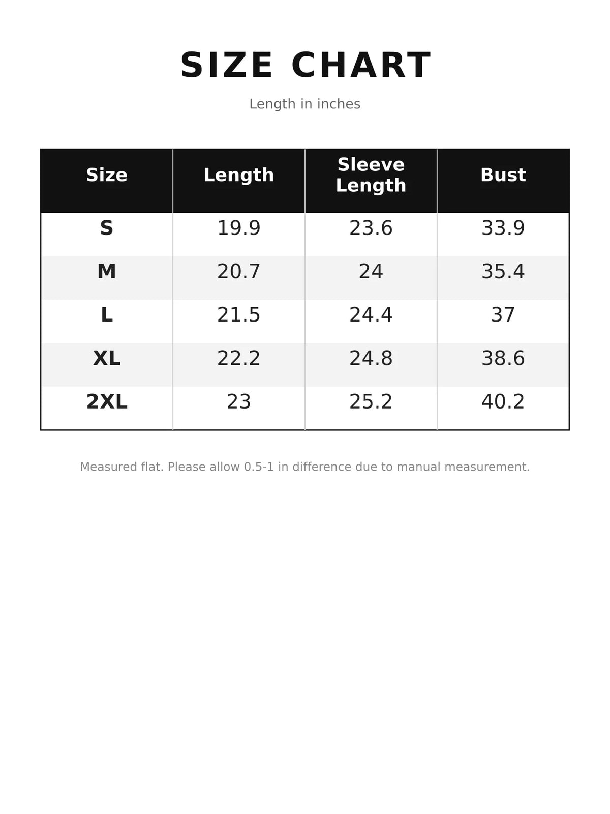 Size chart for quick-dry zip-up jacket