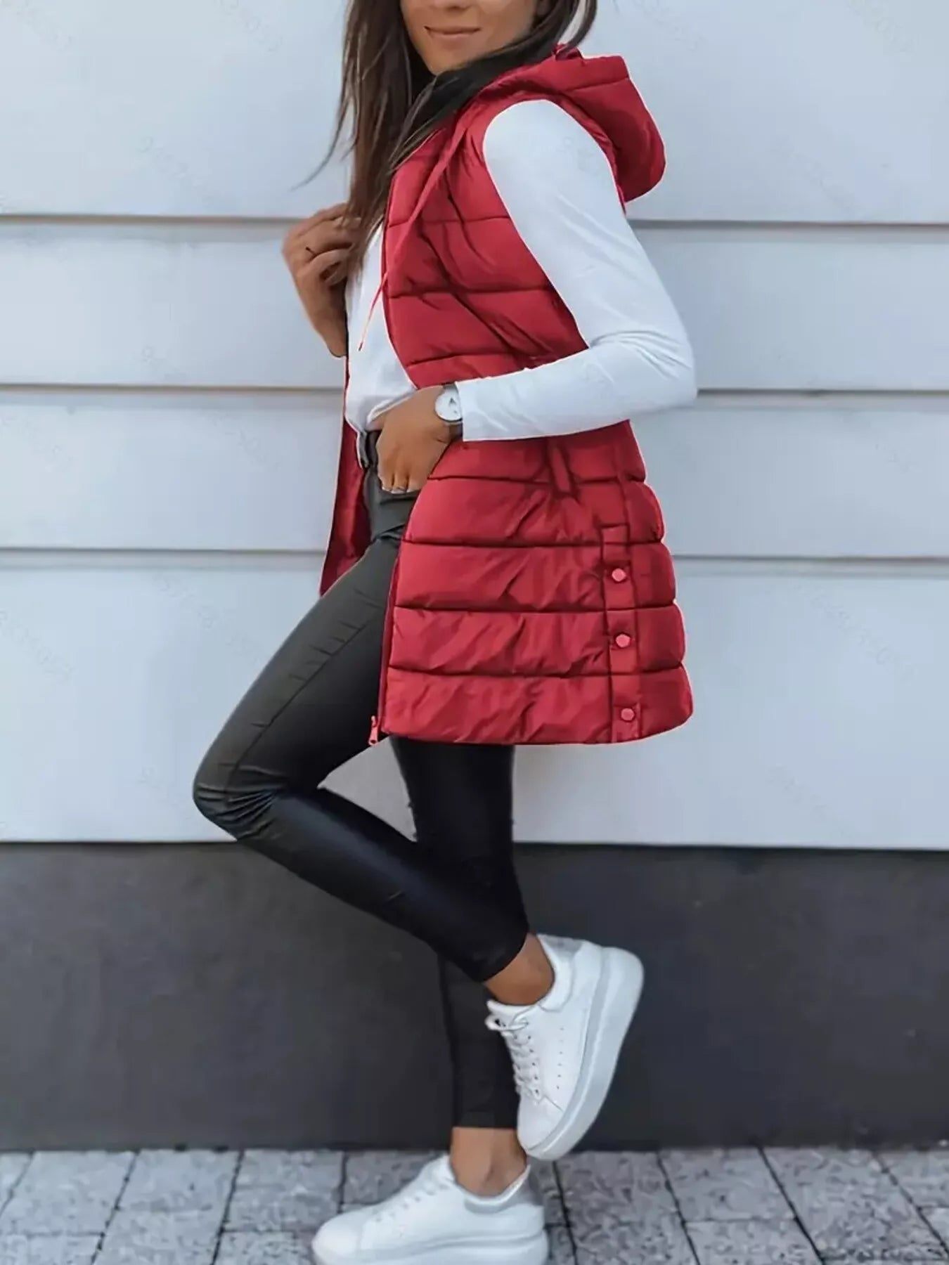 Trendsi Zip Up Longline Hooded Puffer Vest Coat -