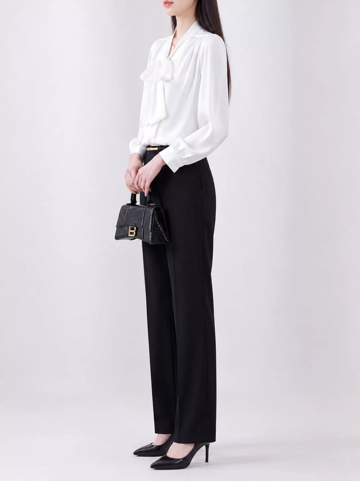 White tie front shirt, side view