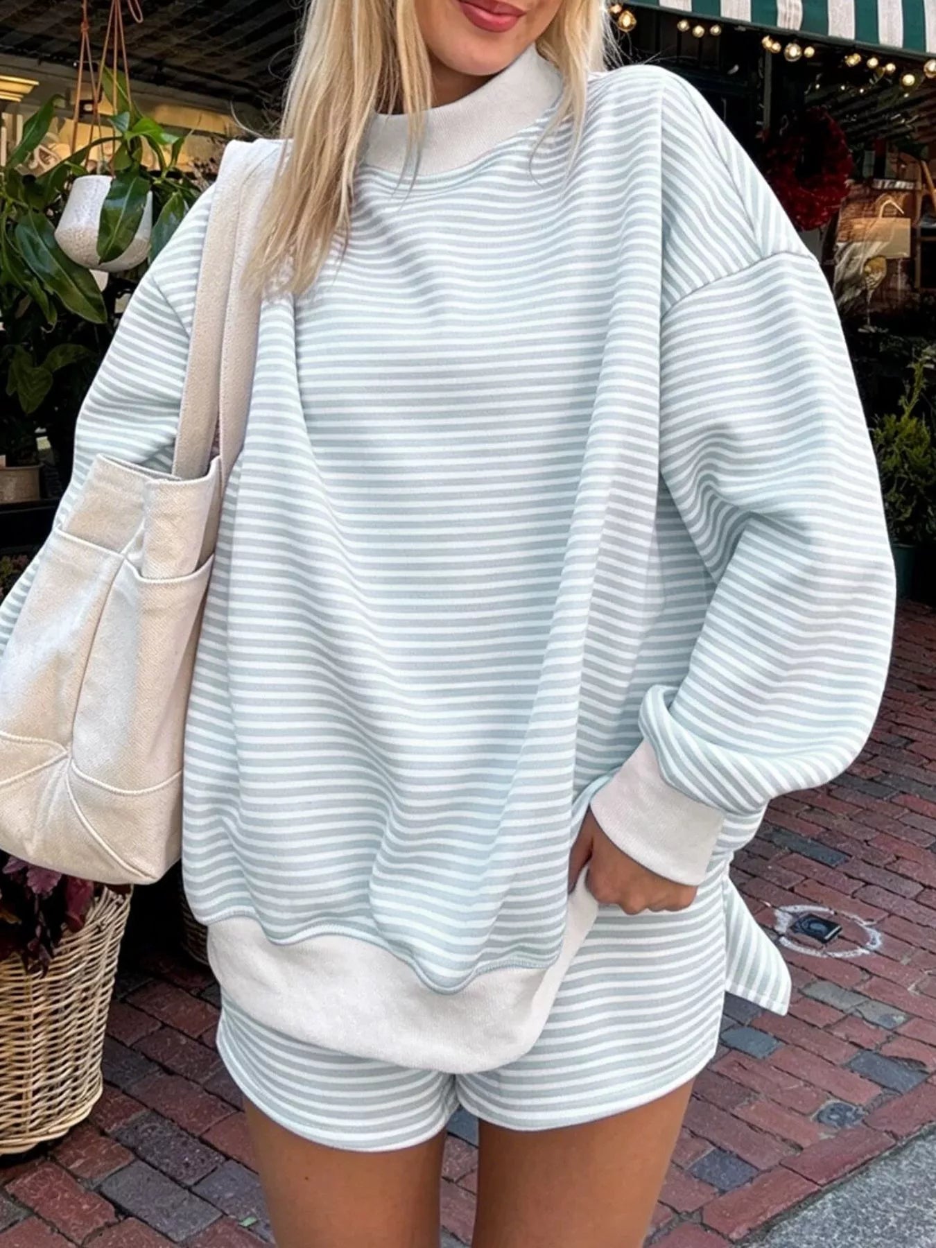 Trendsi Striped Mock Neck Sweatshirt and Shorts Set -