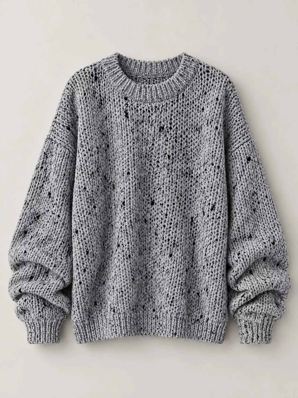 Gray chunky knit round neck sweater, front view