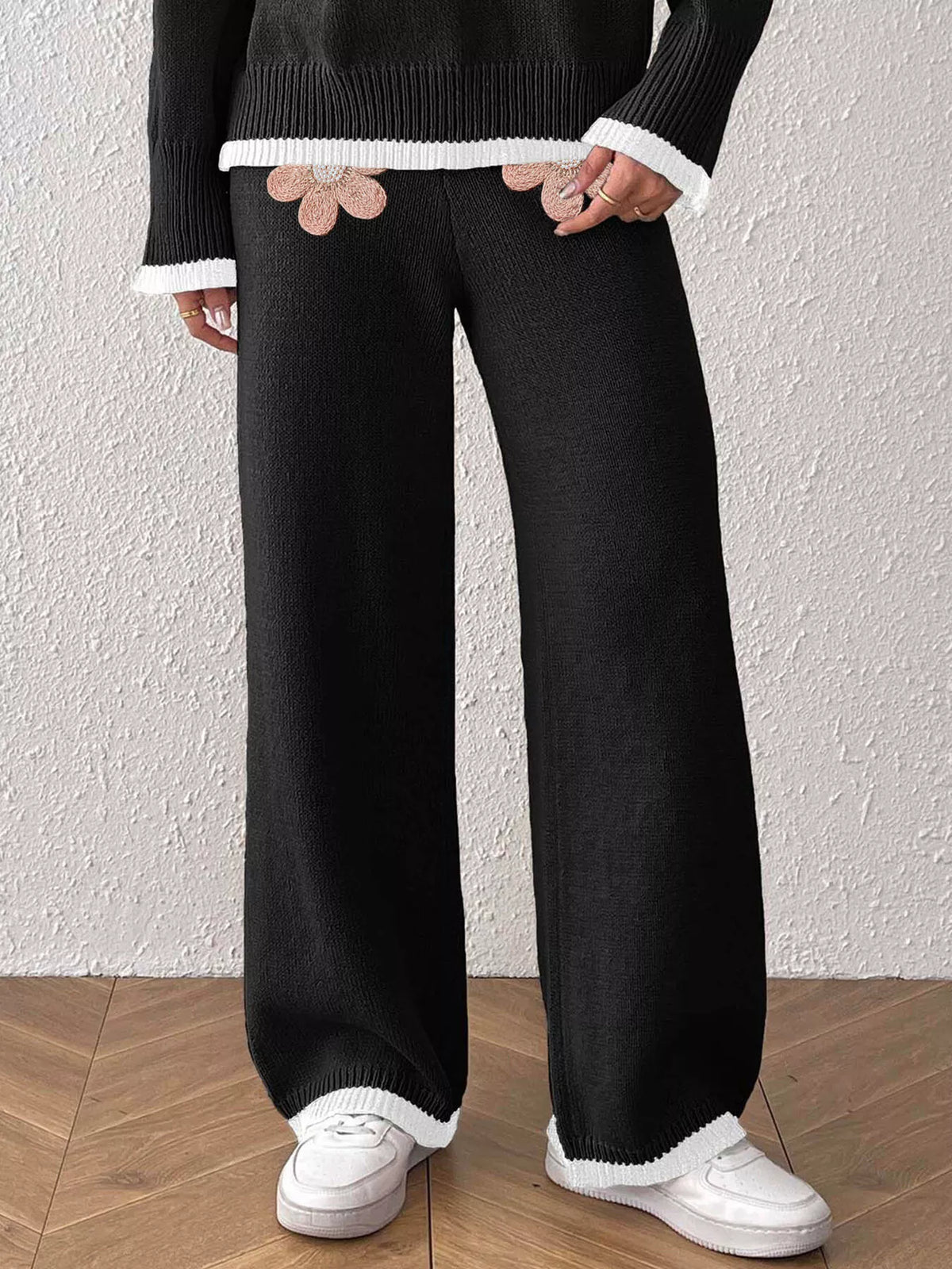 Trendsi Floral Applique High-Waisted Wide-Leg Sweater Pants -