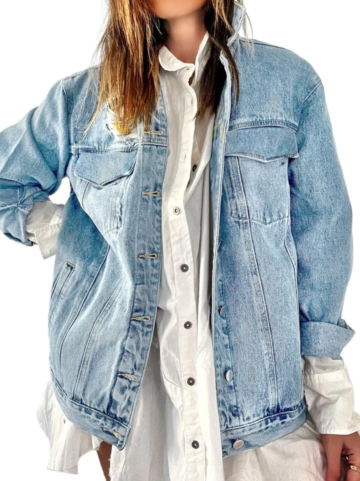 Light blue heart-and-umbrella graphic jacket, open front view