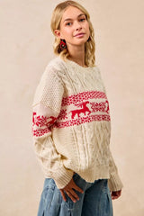 Trendsi BiBi Christmas Theme Patterned Cable Knit Sweater -