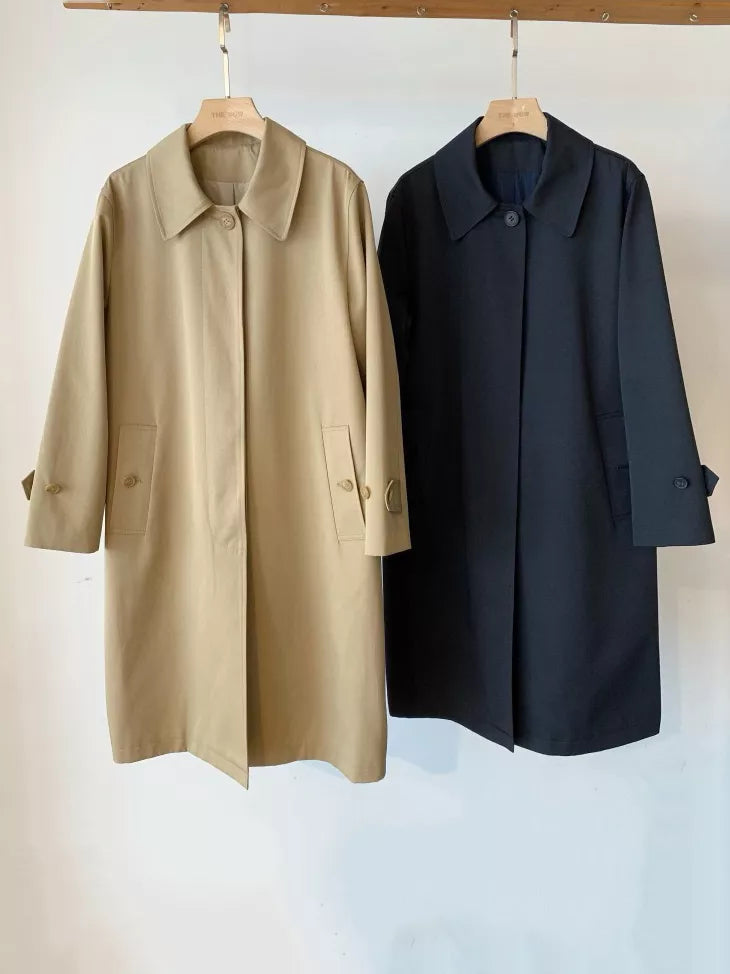 Beige and navy single-breasted trench coat
