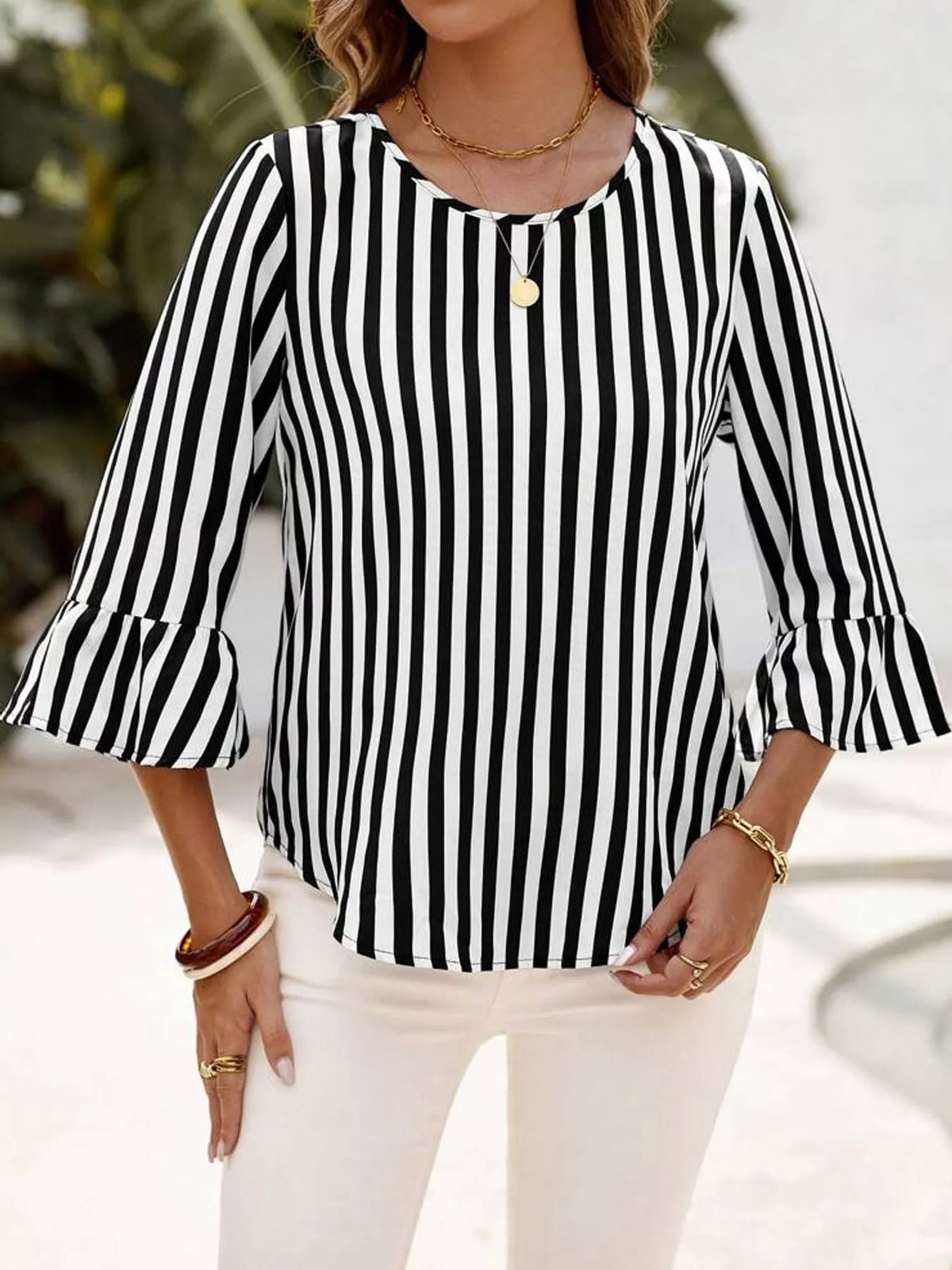Striped Bell Sleeve Blouse — front view