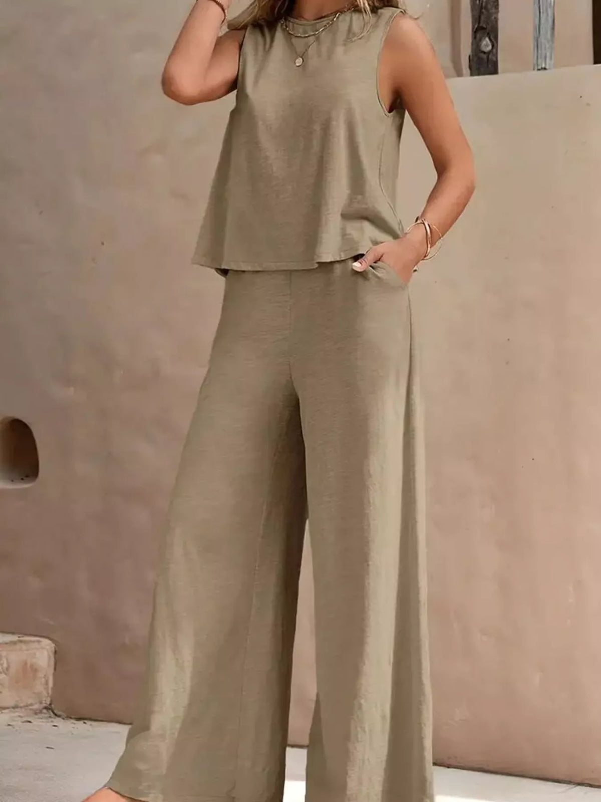 Sleeveless Tank Top and Wide-Leg Pants Set — front view