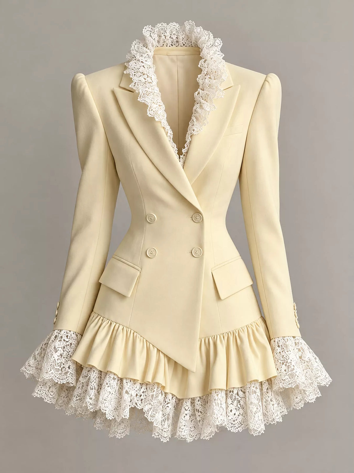 Pale yellow lace trim blazer dress, front view