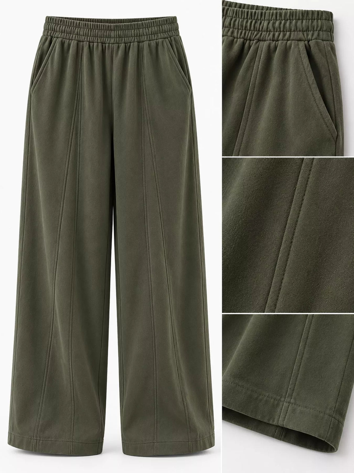 Army green wide leg casual pants, detail view