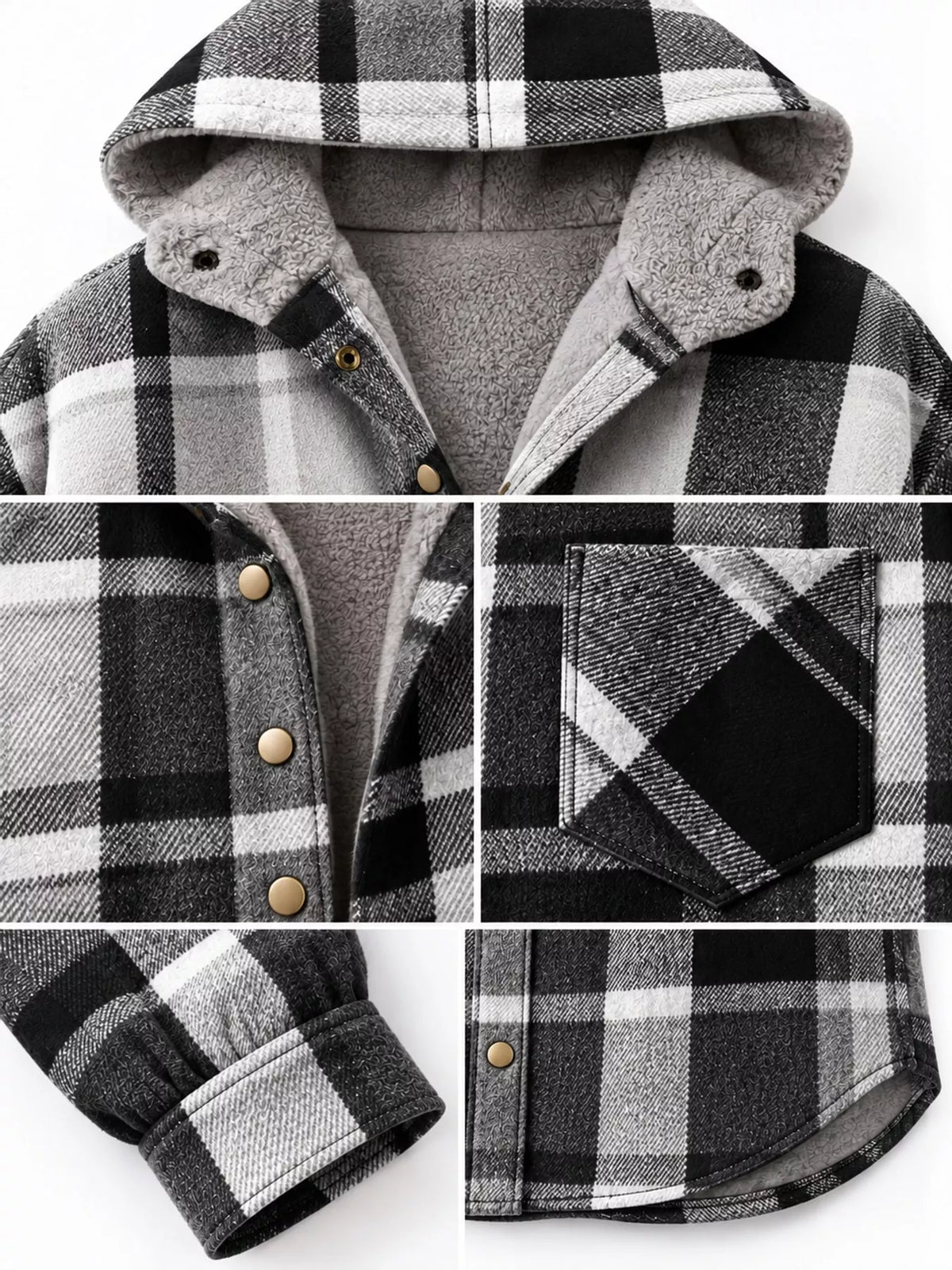 Black plaid hooded button up jacket