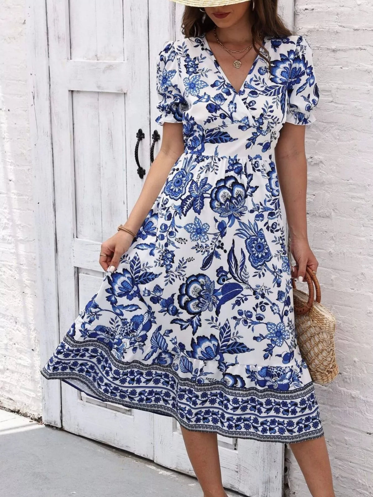 Trendsi Floral Print Puff Sleeve Wrap Midi Dress -