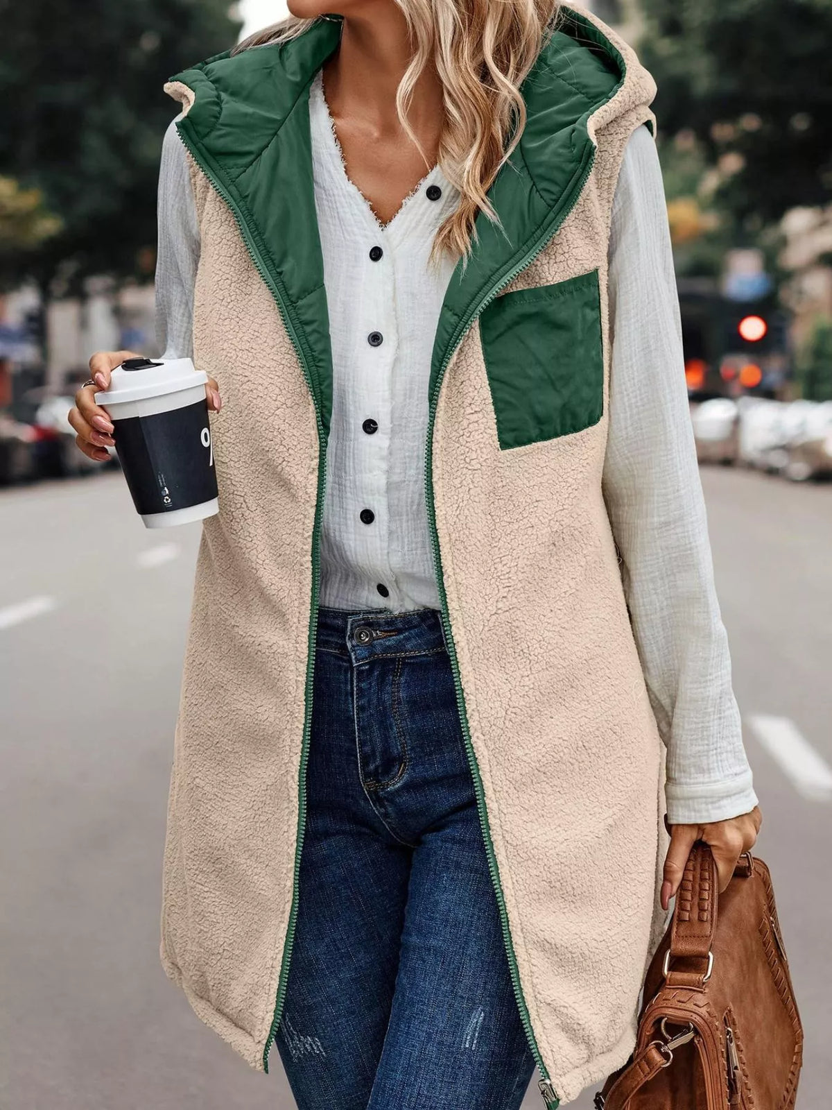 Green hooded sherpa-lined puffer vest, sherpa reverse view