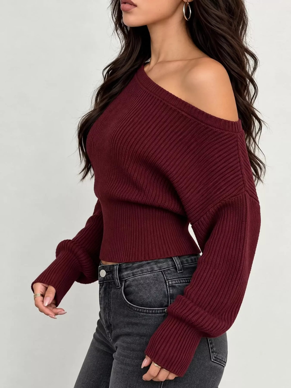 Wine Red one shoulder ribbed knit sweater