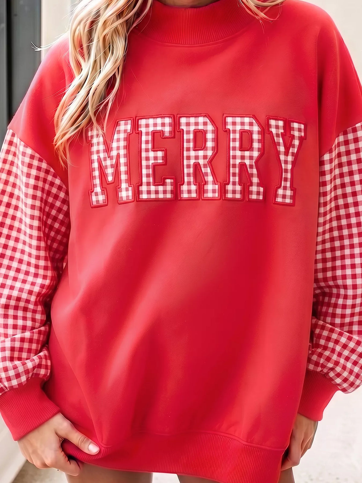 Scarlet gingham sleeve slogan sweatshirt