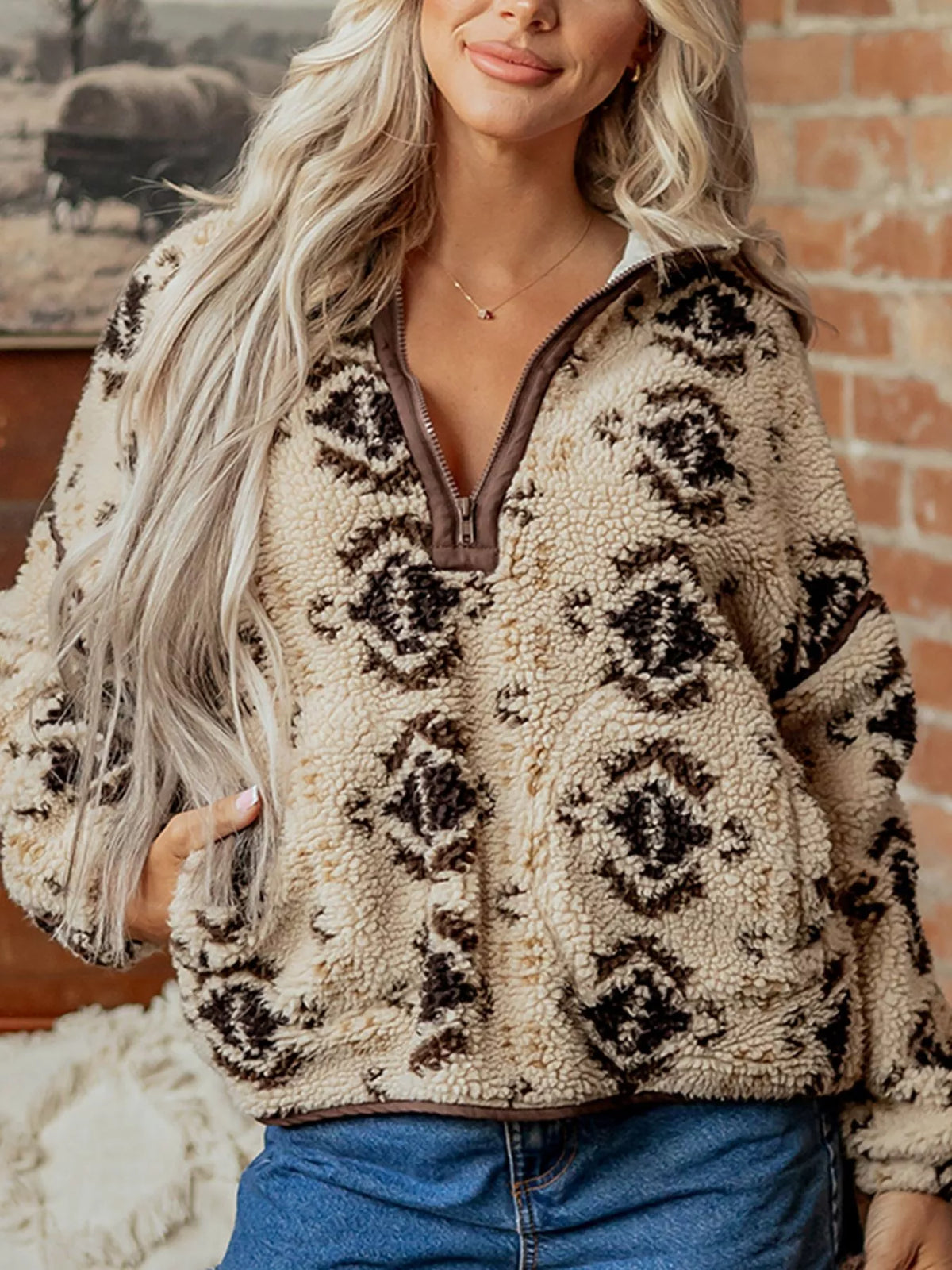 Aztec Print Quarter-Zip Sherpa Sweatshirt in khaki, front view