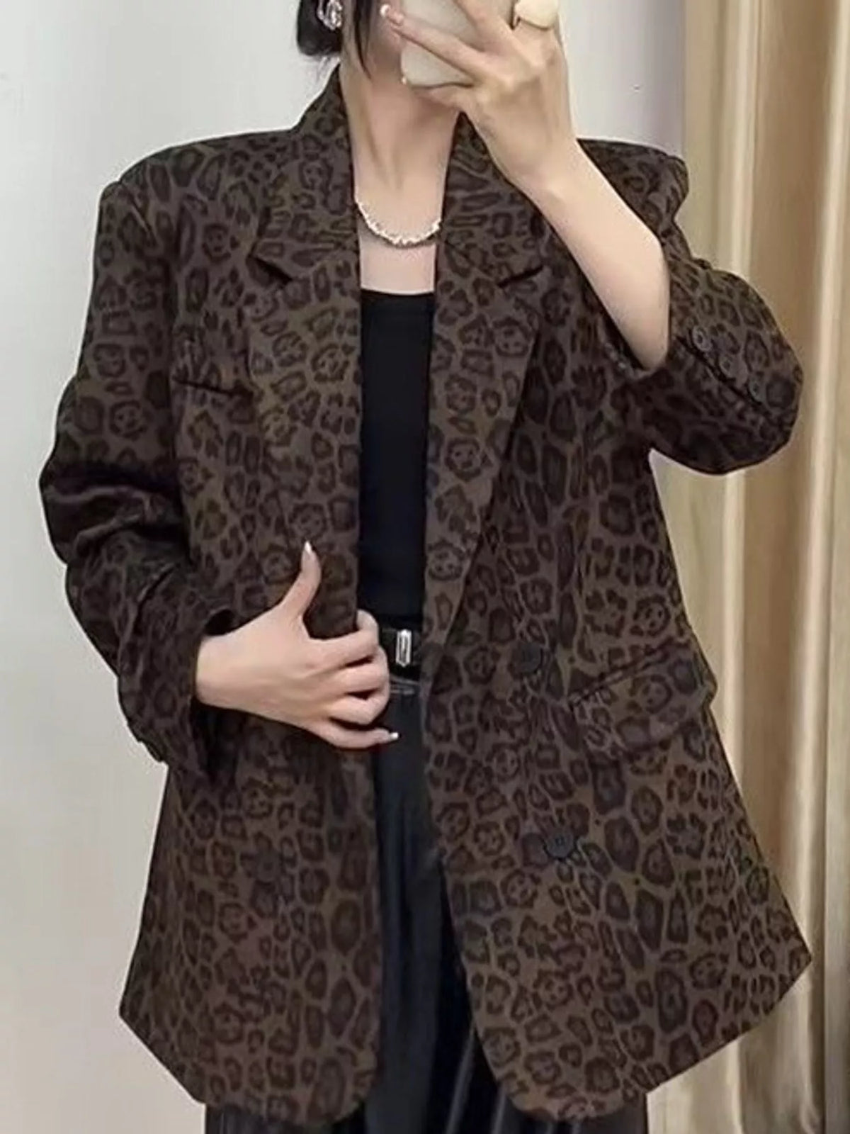 Brown leopard leopard print oversized blazer — front view