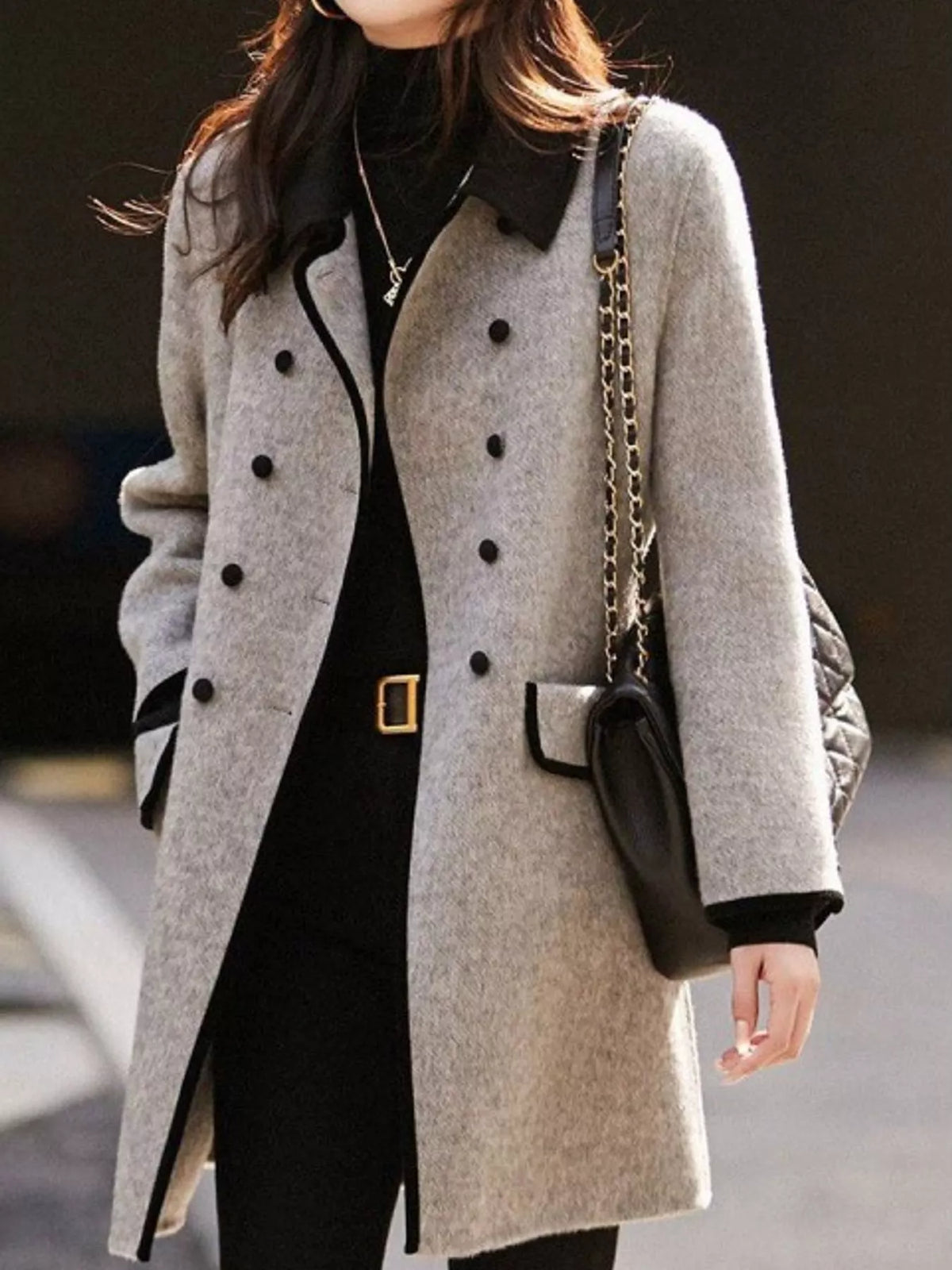 Gray double breasted coat with contrast trim, front view