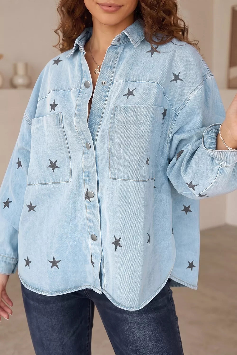 Trendsi Light Wash Star Print Denim Jacket -