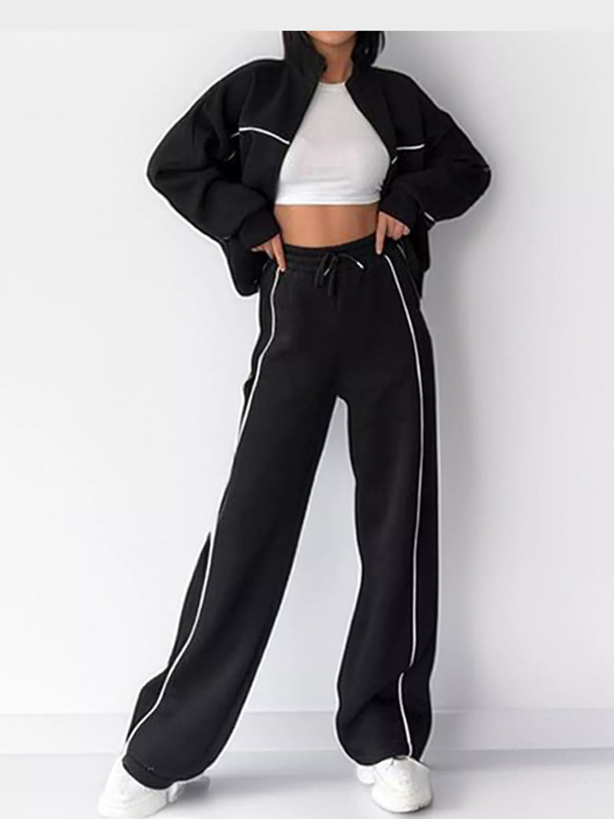 Black zip-up jacket and wide-leg pants set