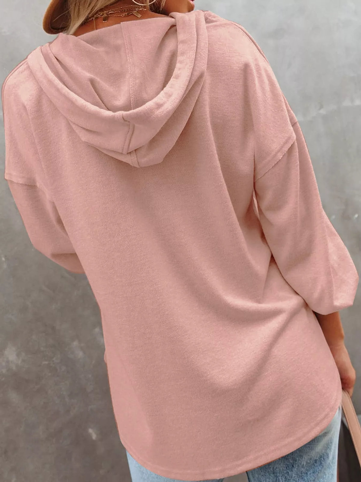 Women's Button Placket Drawstring Dropped Shoulder Hoodie in pink — back view